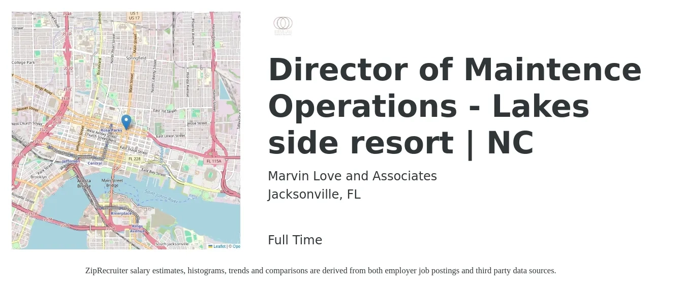 Marvin Love and Associates job posting for a Director of Maintence Operations - Lakes side resort | NC in Jacksonville, FL with a salary of $49,200 to $82,100 Yearly with a map of Jacksonville location.