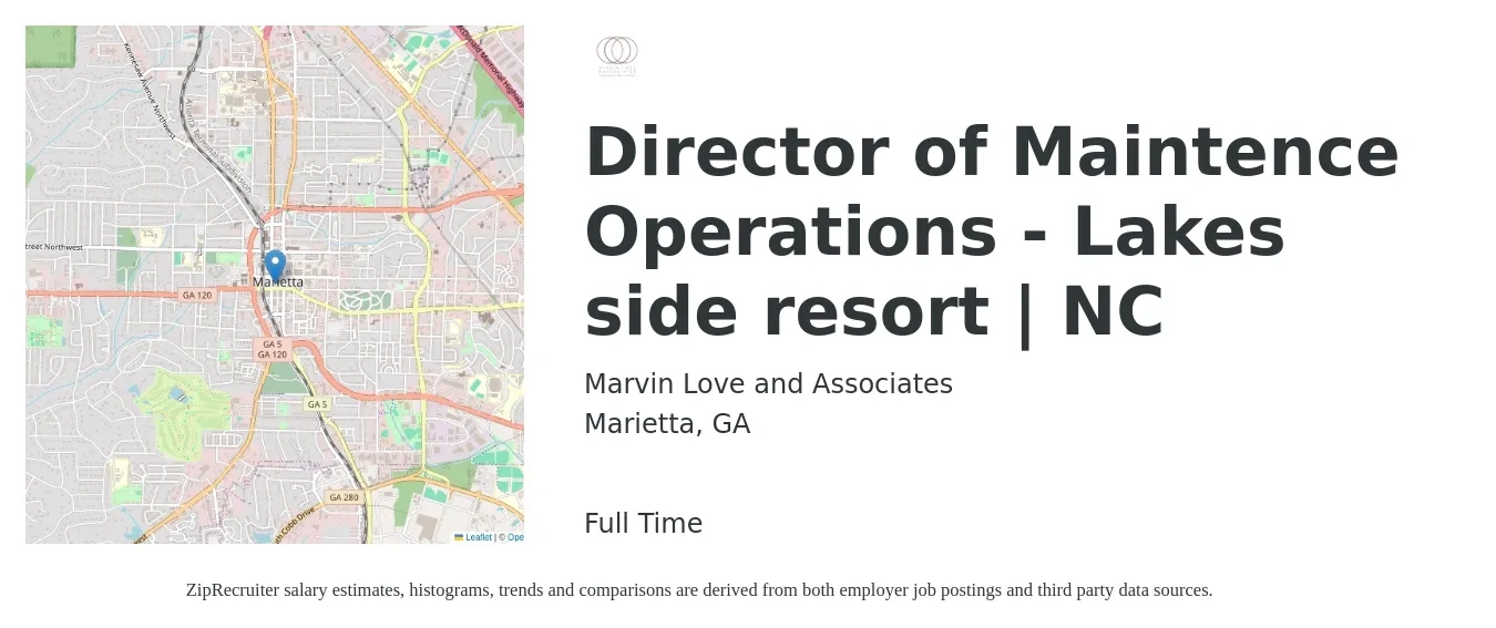 Marvin Love and Associates job posting for a Director of Maintence Operations - Lakes side resort | NC in Marietta, GA with a salary of $49,600 to $82,700 Yearly with a map of Marietta location.