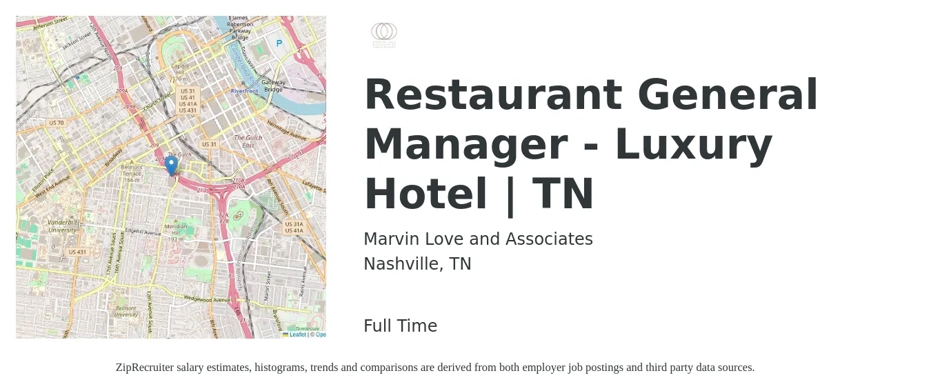 Marvin Love and Associates job posting for a Restaurant General Manager - Luxury Hotel | TN in Nashville, TN with a salary of $52,200 to $72,000 Yearly with a map of Nashville location.
