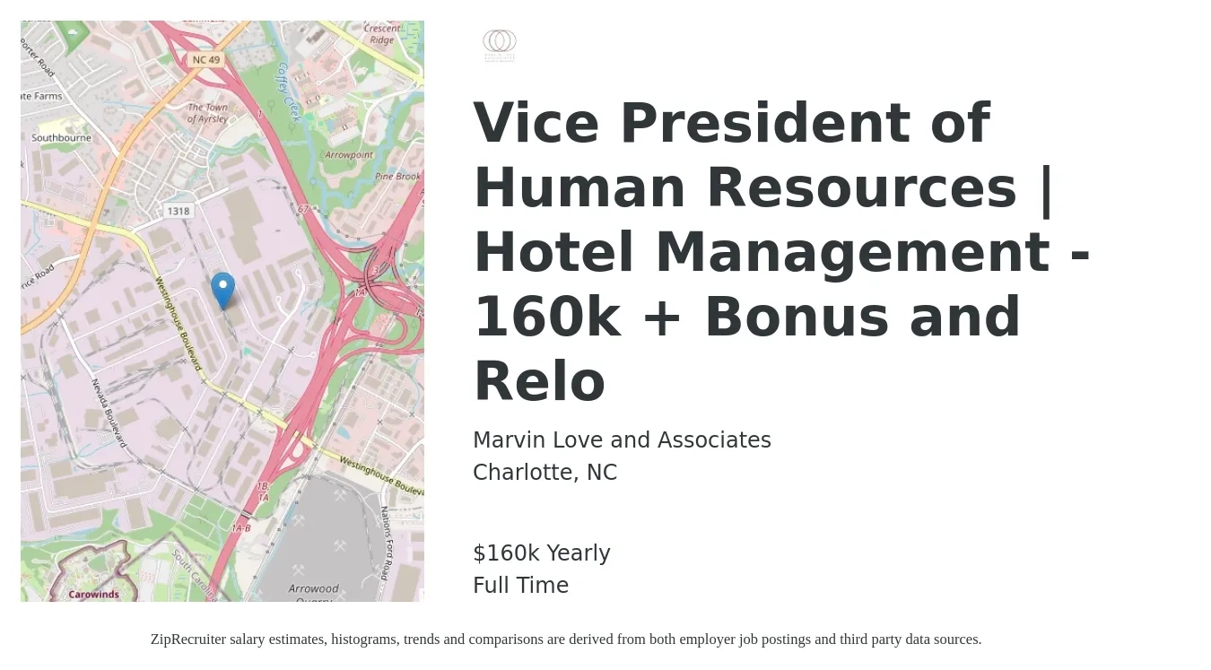 Marvin Love and Associates job posting for a Vice President of Human Resources | Hotel Management - 160k + Bonus and Relo in Charlotte, NC with a salary of $160,000 Yearly with a map of Charlotte location.