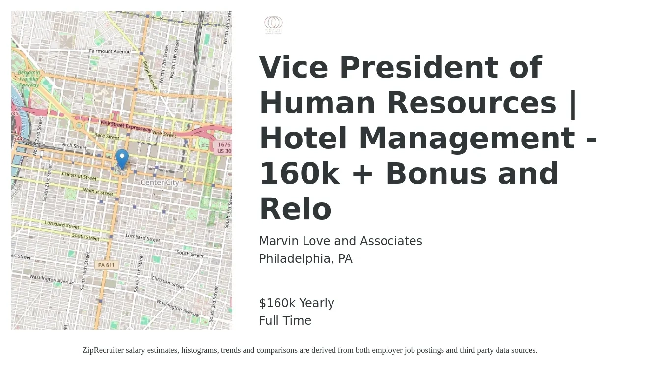Marvin Love and Associates job posting for a Vice President of Human Resources | Hotel Management - 160k + Bonus and Relo in Philadelphia, PA with a salary of $160,000 Yearly with a map of Philadelphia location.