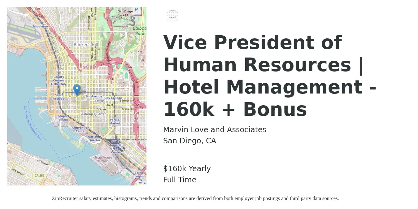Marvin Love and Associates job posting for a Vice President of Human Resources | Hotel Management - 160k + Bonus in San Diego, CA with a salary of $160,000 Yearly with a map of San Diego location.