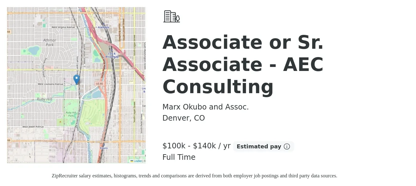 Marx Okubo and Assoc. job posting for a Associate or Sr. Associate - AEC Consulting in Denver, CO with a salary of $100,000 to $140,000 Yearly with a map of Denver location.