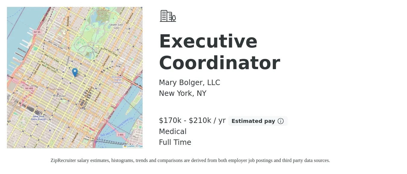 Mary Bolger, LLC job posting for a Executive Coordinator in New York, NY with a salary of $170,000 to $210,000 Yearly and benefits including medical, pto, and retirement with a map of New York location.