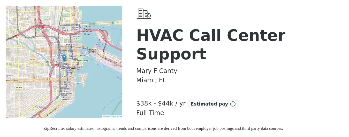 Mary F Canty job posting for a HVAC Call Center Support in Miami, FL with a salary of $38,000 to $44,000 Yearly with a map of Miami location.