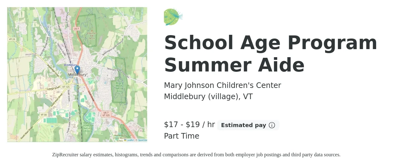 Mary Johnson Children's Center job posting for a School Age Program Summer Aide in Middlebury (village), VT with a salary of $18 to $20 Hourly with a map of Middlebury (village) location.