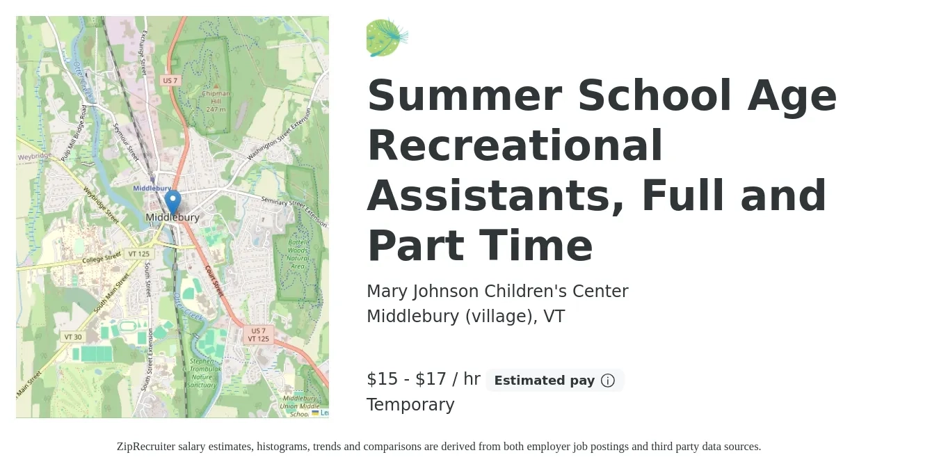 Mary Johnson Children's Center job posting for a Summer School Age Recreational Assistants, Full and Part Time in Middlebury (village), VT with a salary of $16 to $18 Hourly with a map of Middlebury (village) location.