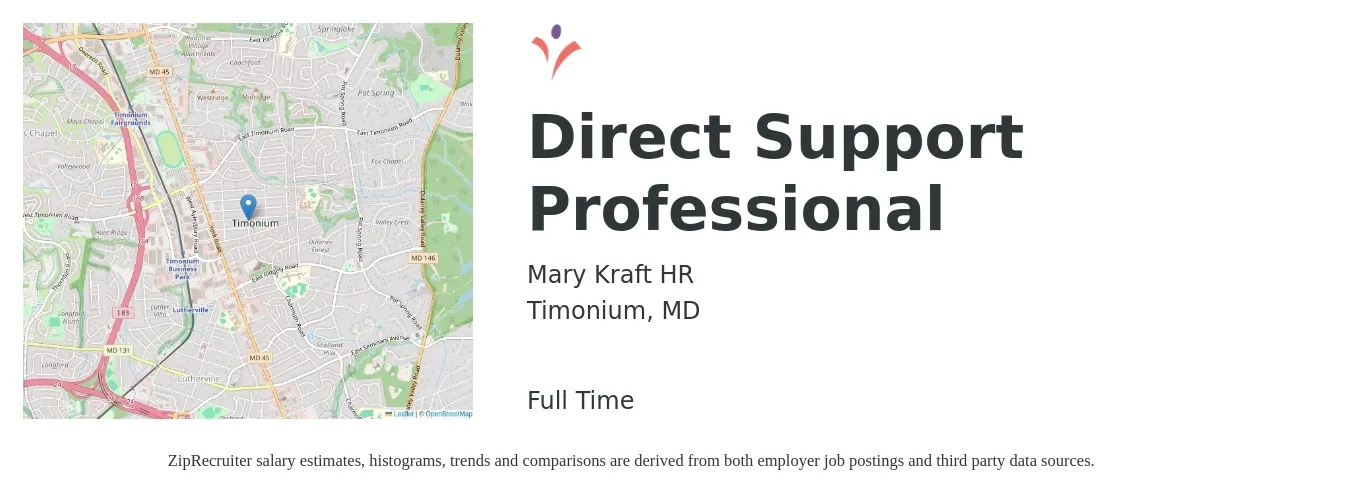 Mary Kraft HR job posting for a Direct Support Professional in Timonium, MD with a salary of $14 to $18 Hourly with a map of Timonium location.