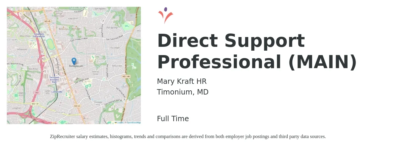Mary Kraft HR job posting for a Direct Support Professional (MAIN) in Timonium, MD with a salary of $14 to $18 Hourly with a map of Timonium location.