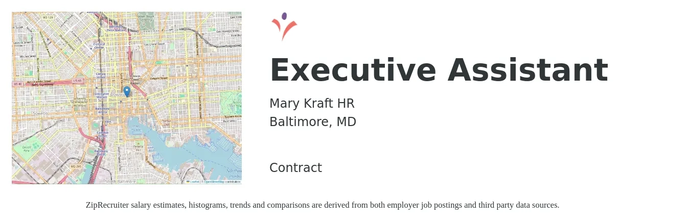 Mary Kraft HR job posting for a Executive Assistant in Baltimore, MD with a salary of $49,700 to $74,500 Yearly with a map of Baltimore location.