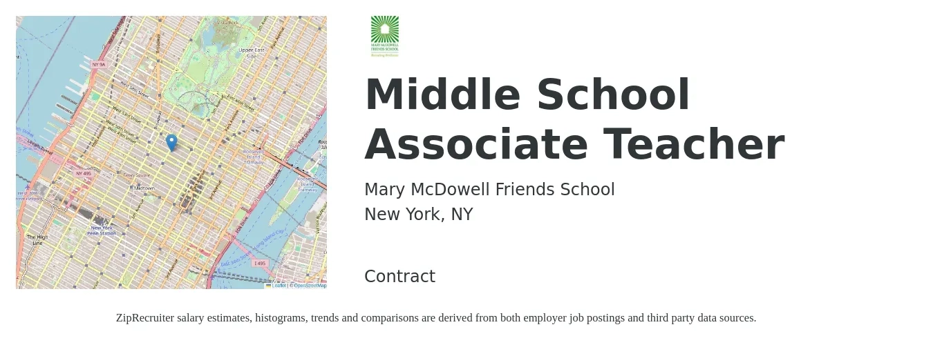 Mary McDowell Friends School job posting for a Middle School Associate Teacher in New York, NY with a salary of $49,200 to $63,900 Yearly with a map of New York location.