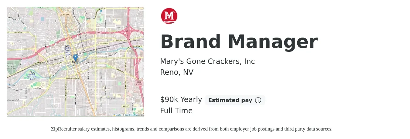 Mary's Gone Crackers, Inc job posting for a Brand Manager in Reno, NV with a salary of $90,000 Yearly with a map of Reno location.