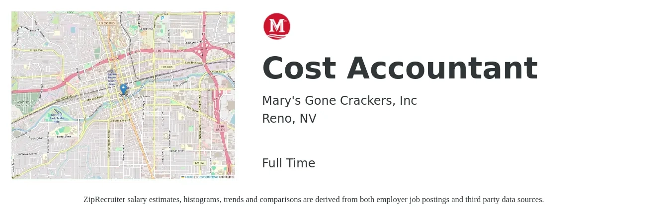 Mary's Gone Crackers, Inc job posting for a Cost Accountant in Reno, NV with a salary of $65,300 to $87,200 Yearly with a map of Reno location.