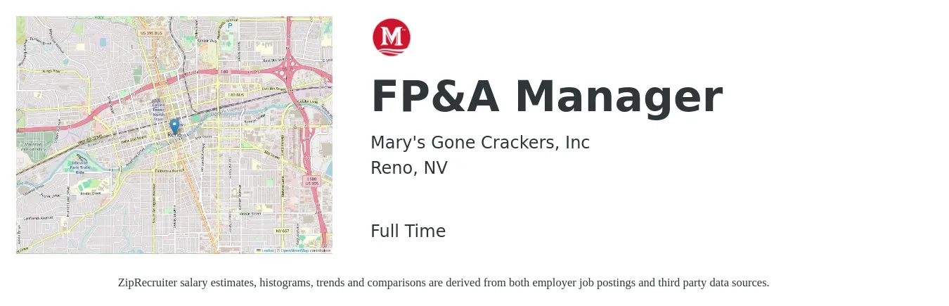 Mary's Gone Crackers, Inc job posting for a FP&A Manager in Reno, NV with a salary of $94,200 to $167,500 Yearly with a map of Reno location.