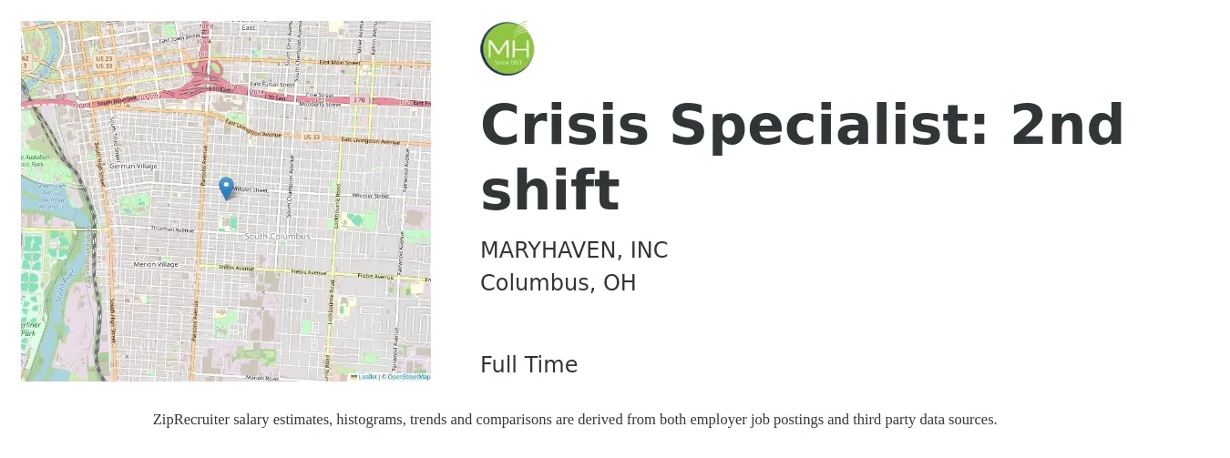 MARYHAVEN, INC job posting for a Crisis Specialist: 2nd shift in Columbus, OH with a map of Columbus location.