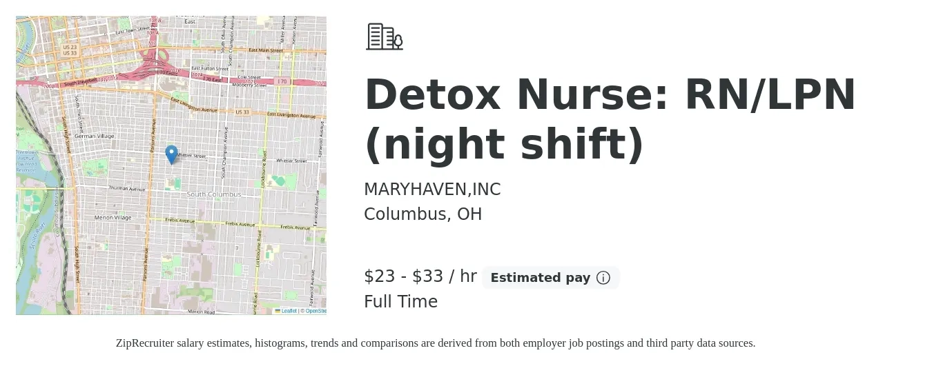 MARYHAVEN,INC job posting for a Detox Nurse: RN/LPN: night shift in Columbus, OH with a salary of $24 to $34 Hourly with a map of Columbus location.