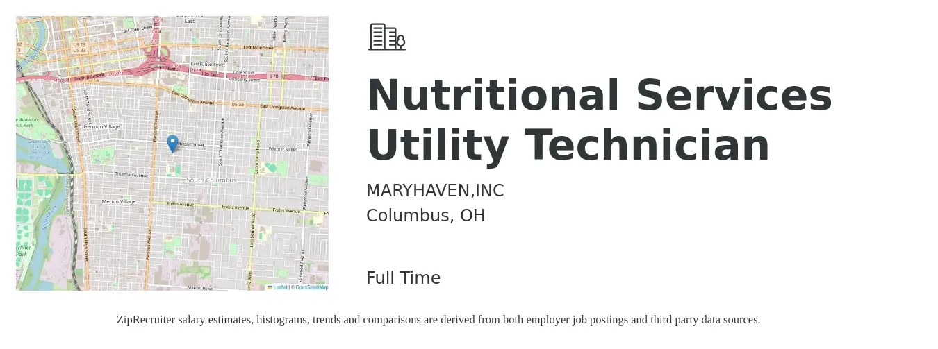 MARYHAVEN,INC job posting for a Nutritional Services Utility Technician in Columbus, OH with a salary of $19 to $26 Hourly with a map of Columbus location.