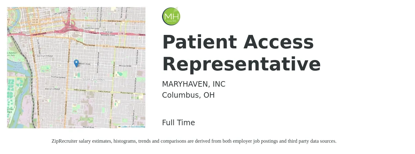 MARYHAVEN, INC job posting for a Patient Access Representative in Columbus, OH with a salary of $17 to $21 Hourly with a map of Columbus location.