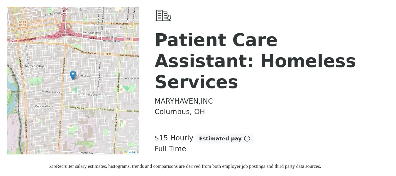 MARYHAVEN,INC job posting for a Patient Care Assistant: Homeless Services in Columbus, OH with a salary of $16 Hourly with a map of Columbus location.