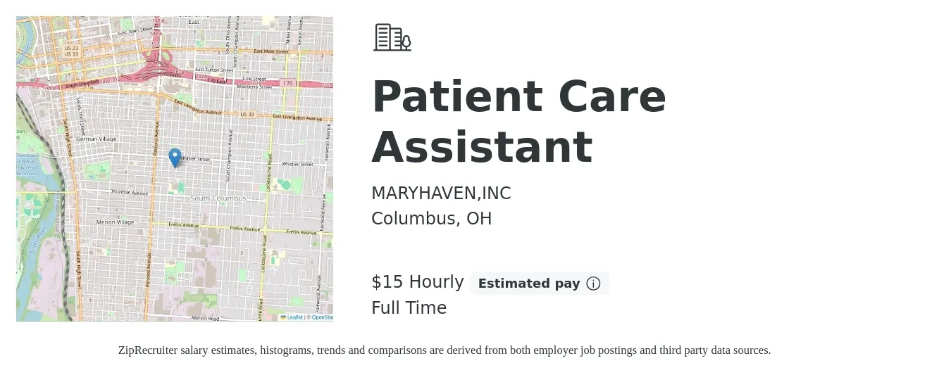 MARYHAVEN,INC job posting for a Patient Care Assistant in Columbus, OH with a salary of $16 Hourly with a map of Columbus location.