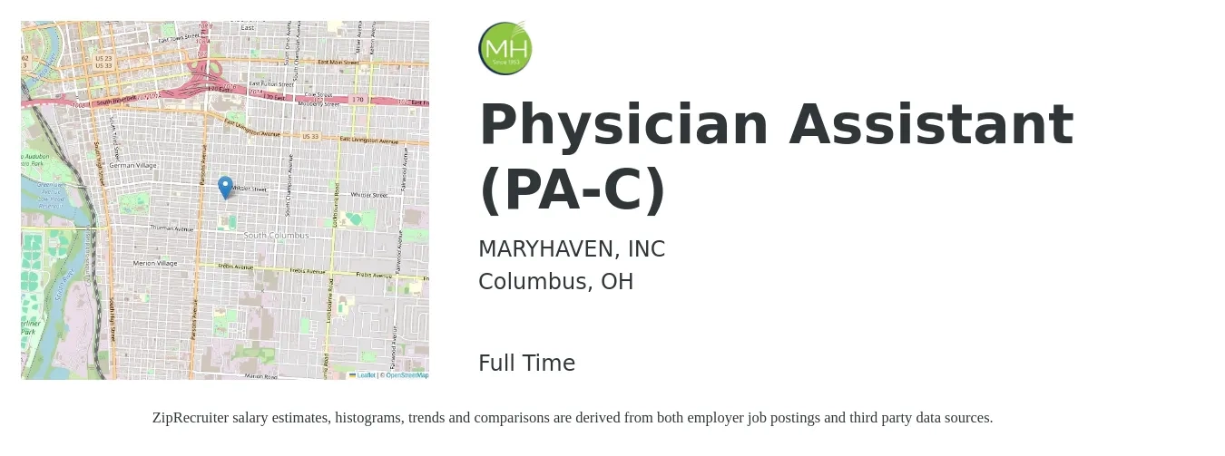 MARYHAVEN, INC job posting for a Physician Assistant (PA-C) in Columbus, OH with a salary of $96,600 to $130,900 Yearly with a map of Columbus location.