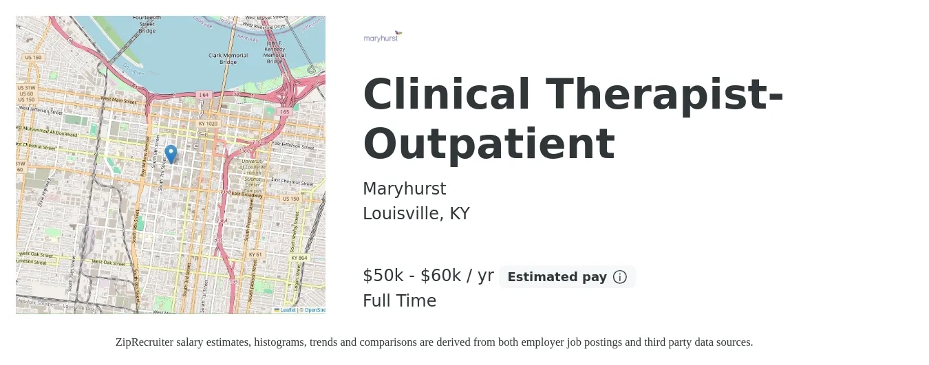 Maryhurst job posting for a Clinical Therapist-Outpatient in Louisville, KY with a salary of $50,000 to $60,000 Yearly with a map of Louisville location.