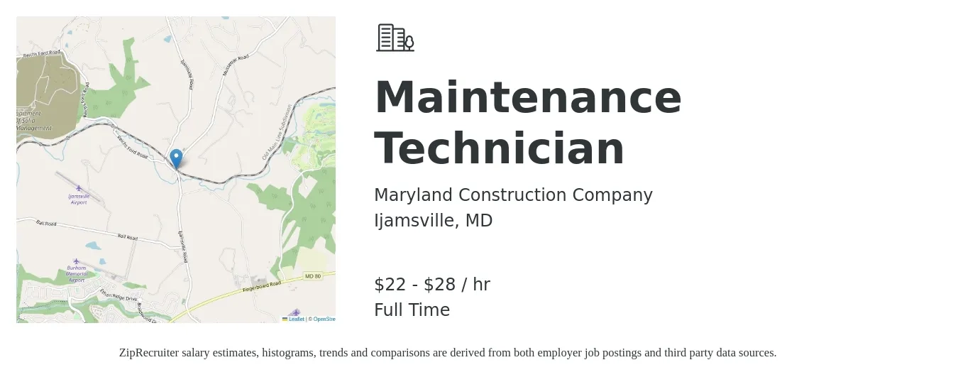Maryland Construction Company job posting for a Maintenance Technician in Ijamsville, MD with a salary of $23 to $30 Hourly with a map of Ijamsville location.