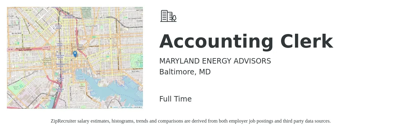 MARYLAND ENERGY ADVISORS job posting for a Accounting Clerk in Baltimore, MD with a salary of $18 to $24 Hourly with a map of Baltimore location.