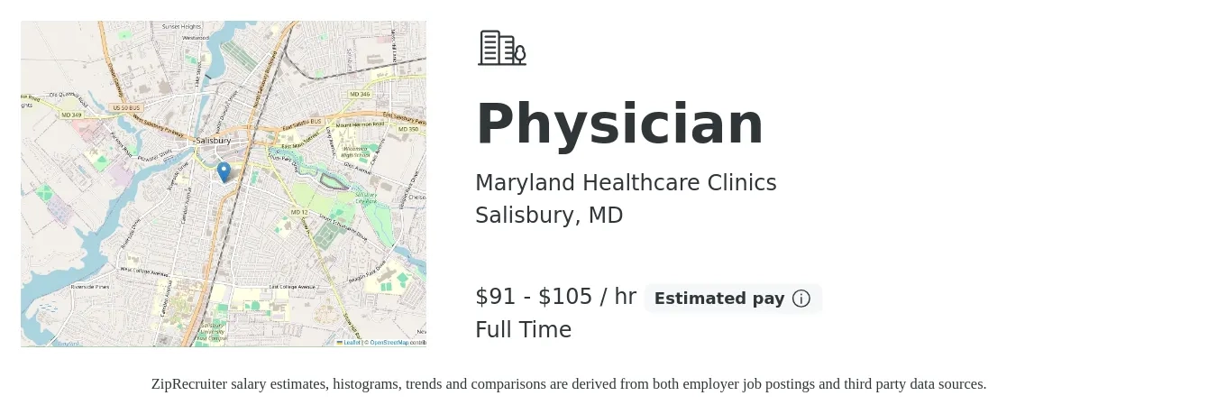 Maryland Healthcare Clinics job posting for a Physician in Salisbury, MD with a salary of $95 to $110 Hourly with a map of Salisbury location.