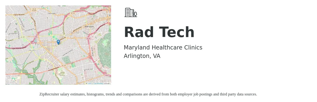 Maryland Healthcare Clinics job posting for a Rad Tech in Arlington, VA with a salary of $38 to $43 Hourly with a map of Arlington location.