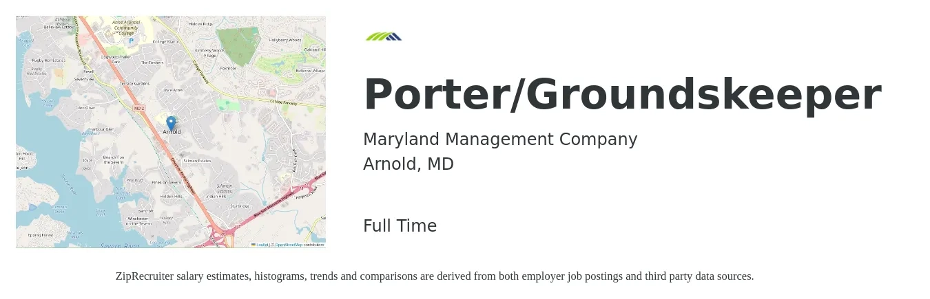 Maryland Management Company job posting for a Porter/Groundskeeper in Arnold, MD with a salary of $15 to $18 Hourly with a map of Arnold location.