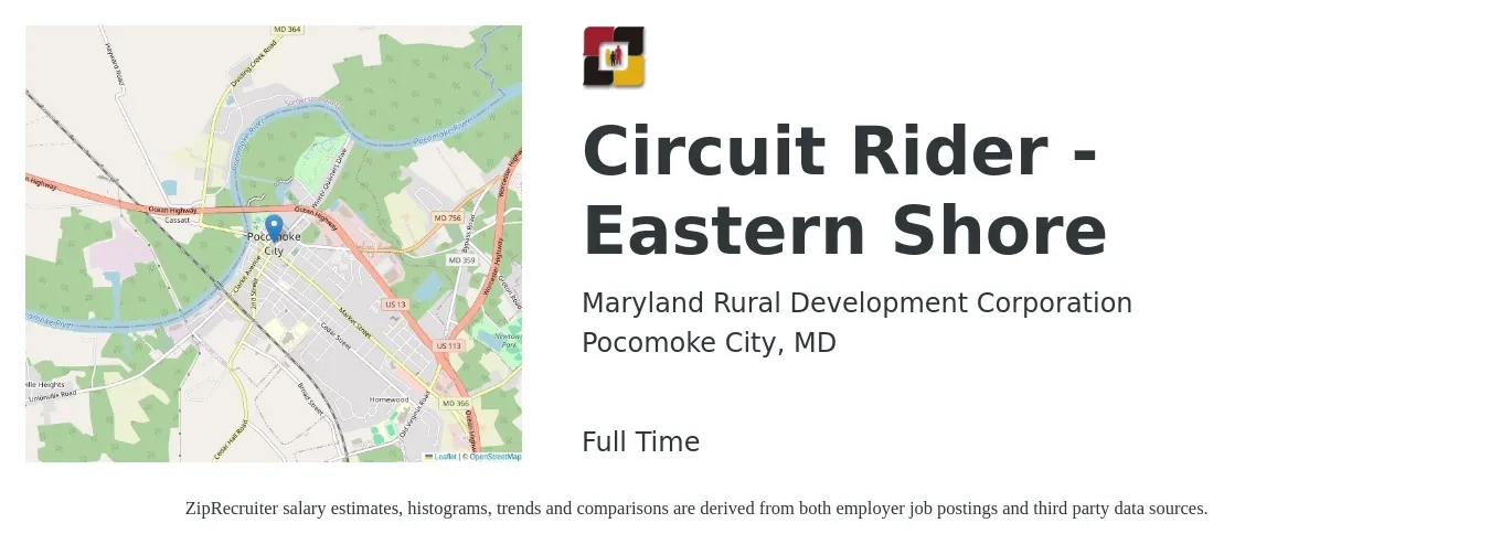 Maryland Rural Development Corporation job posting for a Circuit Rider - Eastern Shore in Pocomoke City, MD with a salary of $19 to $26 Hourly with a map of Pocomoke City location.