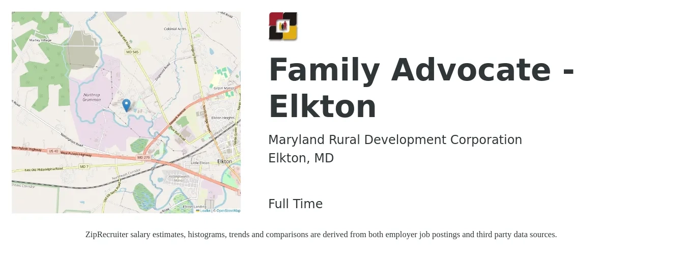 Maryland Rural Development Corporation job posting for a Family Advocate - Elkton in Elkton, MD with a salary of $17 to $22 Hourly with a map of Elkton location.