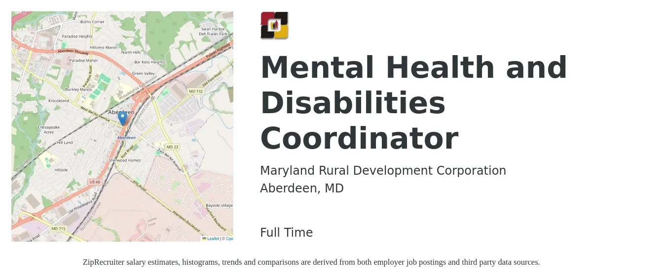 Maryland Rural Development Corporation job posting for a Mental Health and Disabilities Coordinator in Aberdeen, MD with a salary of $22 to $36 Hourly with a map of Aberdeen location.