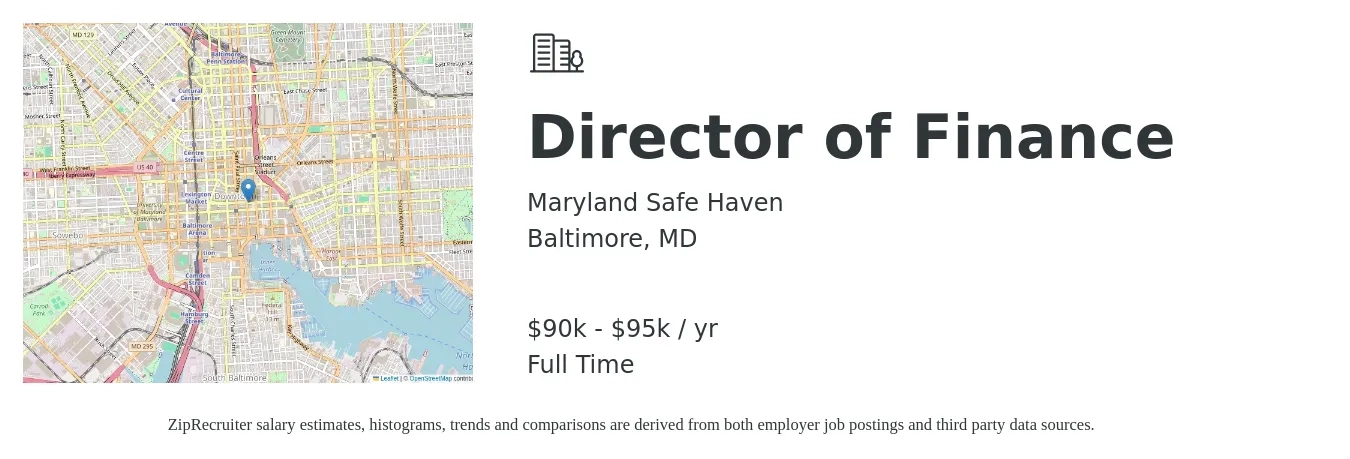 Maryland Safe Haven job posting for a Director of Finance in Baltimore, MD with a salary of $90,000 to $95,000 Yearly with a map of Baltimore location.