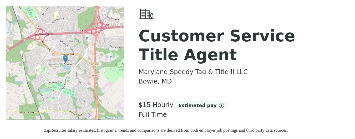 Maryland Speedy Tag & Title II LLC job posting for a Customer Service Title Agent in Bowie, MD with a salary of $16 Hourly with a map of Bowie location.