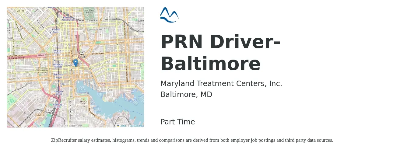 Maryland Treatment Centers, Inc. job posting for a PRN Driver- Baltimore in Baltimore, MD with a salary of $15 to $21 Hourly with a map of Baltimore location.