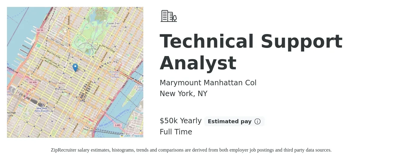 Marymount Manhattan Col job posting for a Technical Support Analyst in New York, NY with a salary of $50,000 Yearly with a map of New York location.