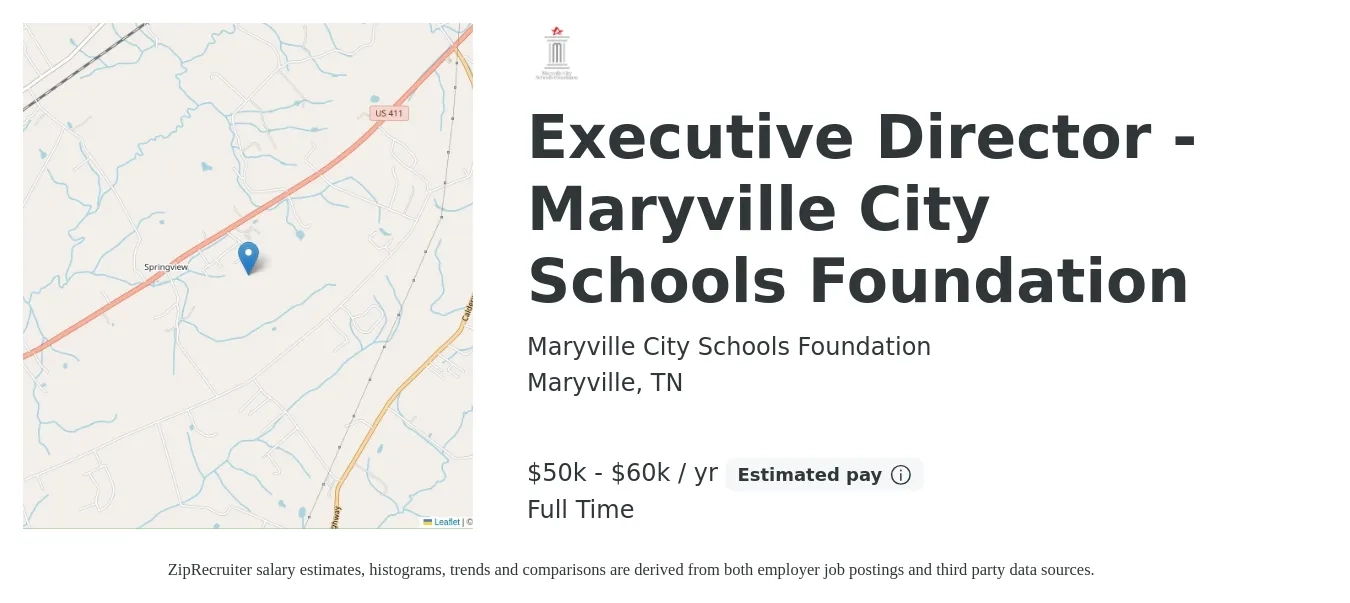 Maryville City Schools Foundation job posting for a Executive Director - Maryville City Schools Foundation in Maryville, TN with a salary of $50,000 to $60,000 Yearly and benefits including pto with a map of Maryville location.