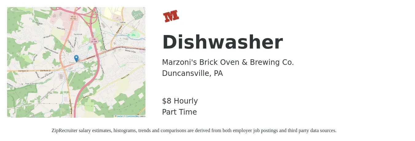 Marzoni's Brick Oven & Brewing Co. job posting for a Dishwasher in Duncansville, PA with a salary of $9 Hourly with a map of Duncansville location.