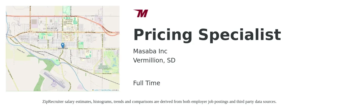 Masaba Inc job posting for a Pricing Specialist in Vermillion, SD with a salary of $65,000 to $85,000 Yearly with a map of Vermillion location.