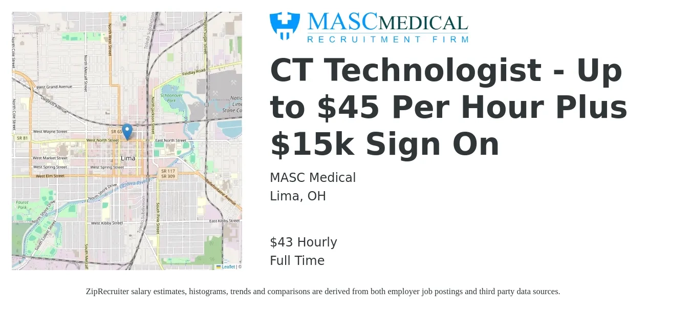 MASC Medical job posting for a CT Technologist - Up to $45 Per Hour Plus $15k Sign On in Lima, OH with a salary of $45 Hourly with a map of Lima location.