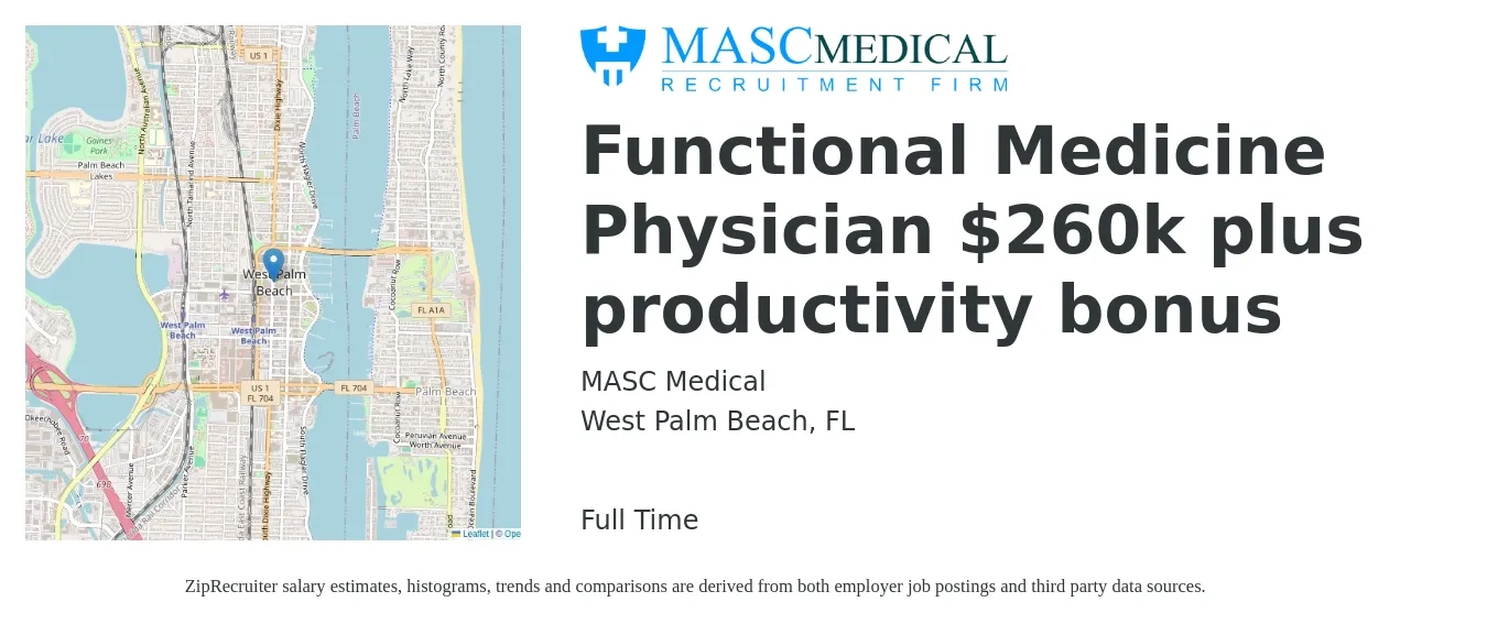 MASC Medical job posting for a Functional Medicine Physician $260k plus productivity bonus in West Palm Beach, FL with a salary of $183,800 to $236,500 Yearly with a map of West Palm Beach location.