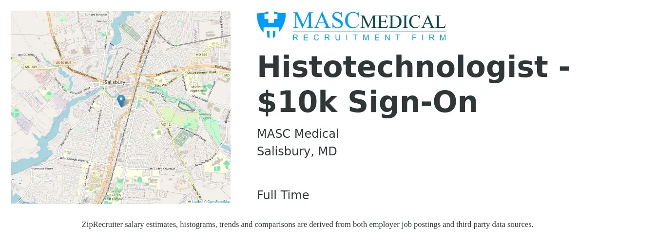 MASC Medical job posting for a Histotechnologist - $10k Sign-On in Salisbury, MD with a salary of $29 to $43 Hourly with a map of Salisbury location.