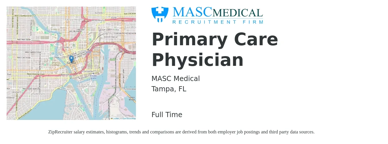 MASC Medical job posting for a Primary Care Physician in Tampa, FL with a salary of $179,600 to $231,100 Yearly with a map of Tampa location.