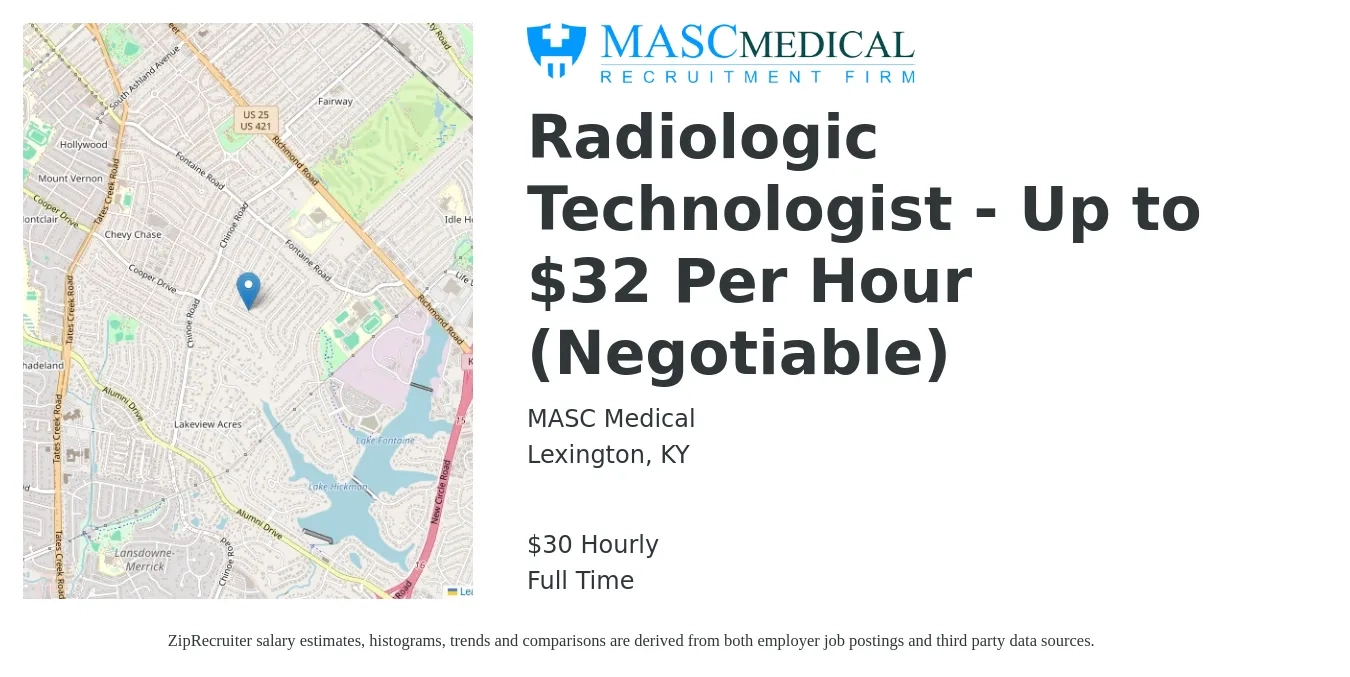MASC Medical job posting for a Radiologic Technologist - Up to $32 Per Hour (Negotiable) in Lexington, KY with a salary of $32 Hourly with a map of Lexington location.