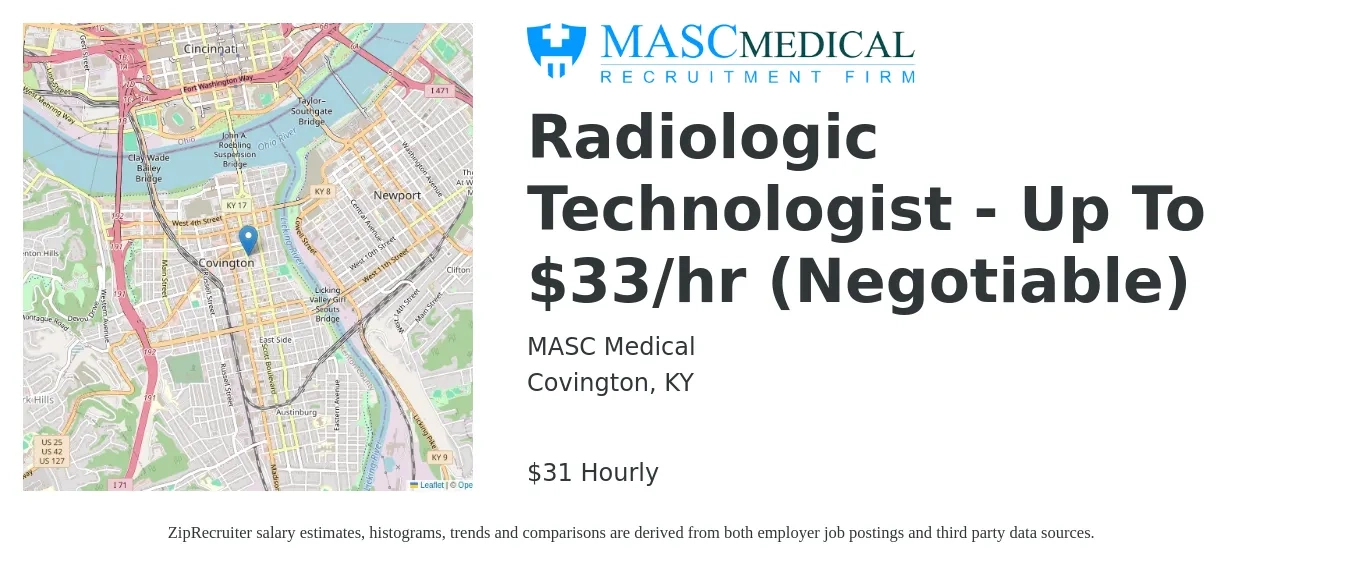 MASC Medical job posting for a Radiologic Technologist - Up To $33/hr (Negotiable) in Covington, KY with a salary of $33 Hourly with a map of Covington location.
