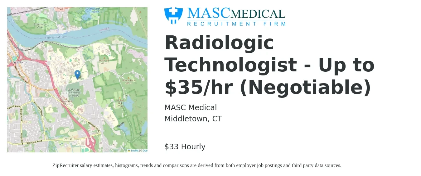 MASC Medical job posting for a Radiologic Technologist - Up to $35/hr (Negotiable) in Middletown, CT with a salary of $35 Hourly with a map of Middletown location.