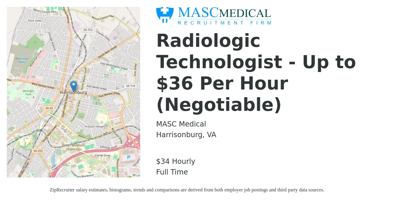 MASC Medical job posting for a Radiologic Technologist - Up to $36 Per Hour (Negotiable) in Harrisonburg, VA with a salary of $36 Hourly with a map of Harrisonburg location.