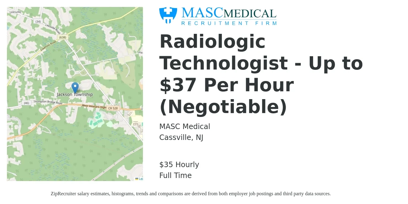 MASC Medical job posting for a Radiologic Technologist - Up to $37 Per Hour (Negotiable) in Cassville, NJ with a salary of $37 Hourly with a map of Cassville location.